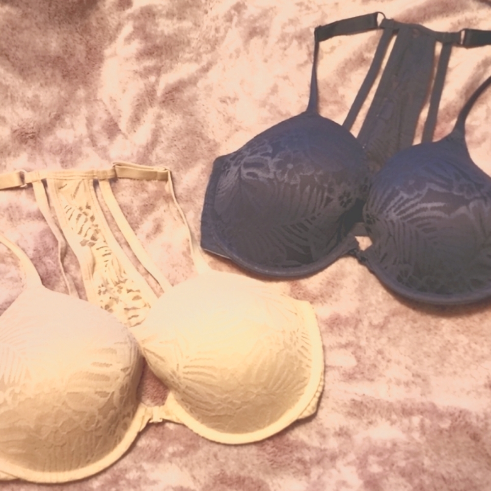 Victoria's Secret Pink front close, lace t-back, Bra Set - Steel Blue and Cream,